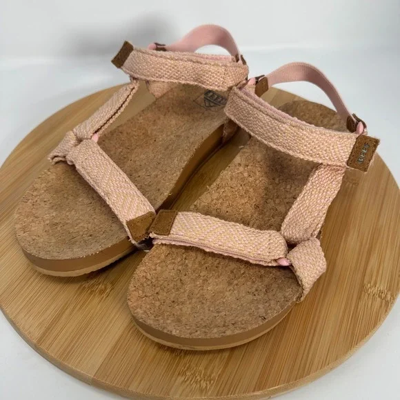 Reef Cushion Rem Pink Tan Woven Strappy Cork Footbed Sandals Womens 9 D-22 JHV - Picture 3 of 11